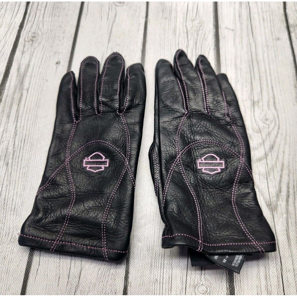 Harley Davidson Pink Label Womens L Black Leather Riding Gloves Pink Stitch